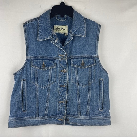 Eddie Bauer blue denim vest art color draw back size S Lana Del Rey - Picture 5 of 6